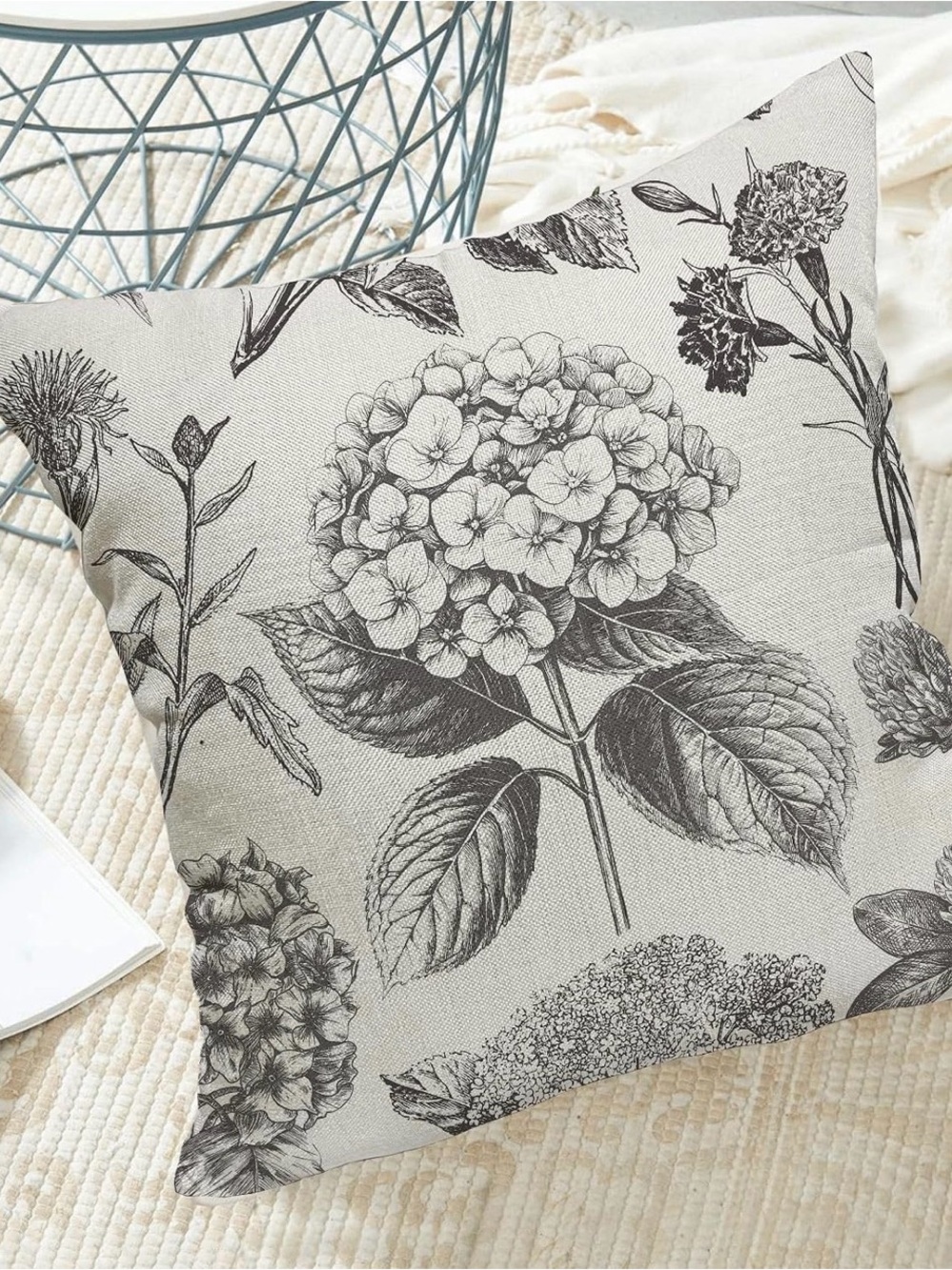 Botanical Floral Throw Pillow Covers in Black and Cream x2